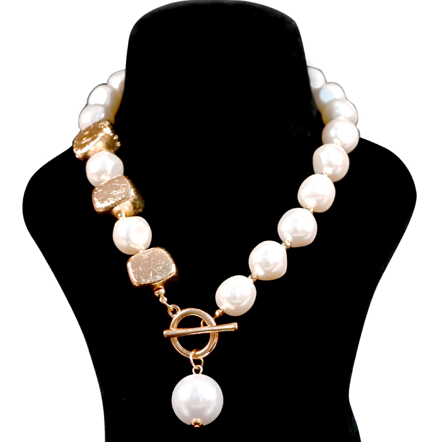 Lustre Drop Pearl Necklace — Gold-Accent Cube Beads with Toggle Clasp