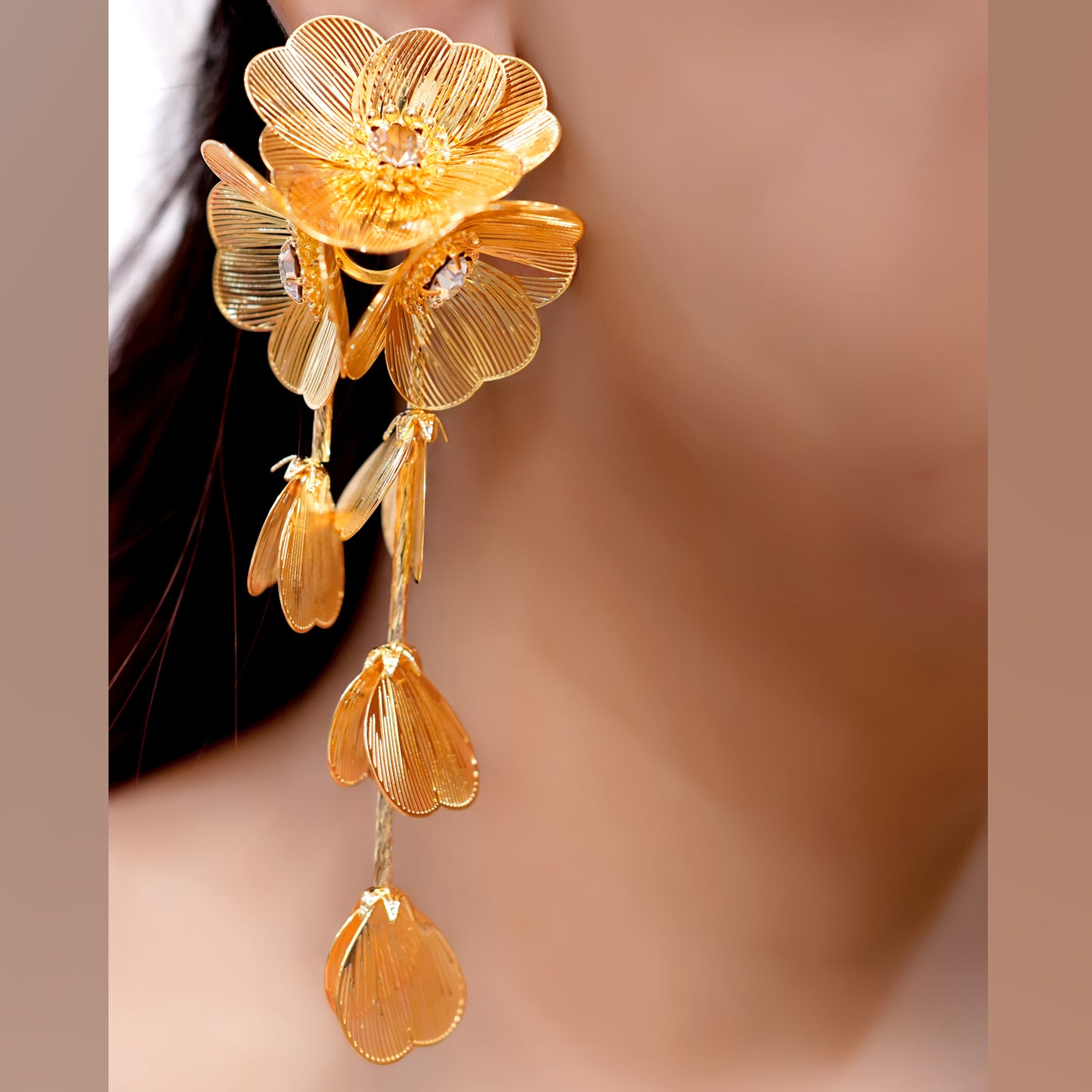 18K Gold Plated Branch Leaves Petal Flower Filigree Long Earrings