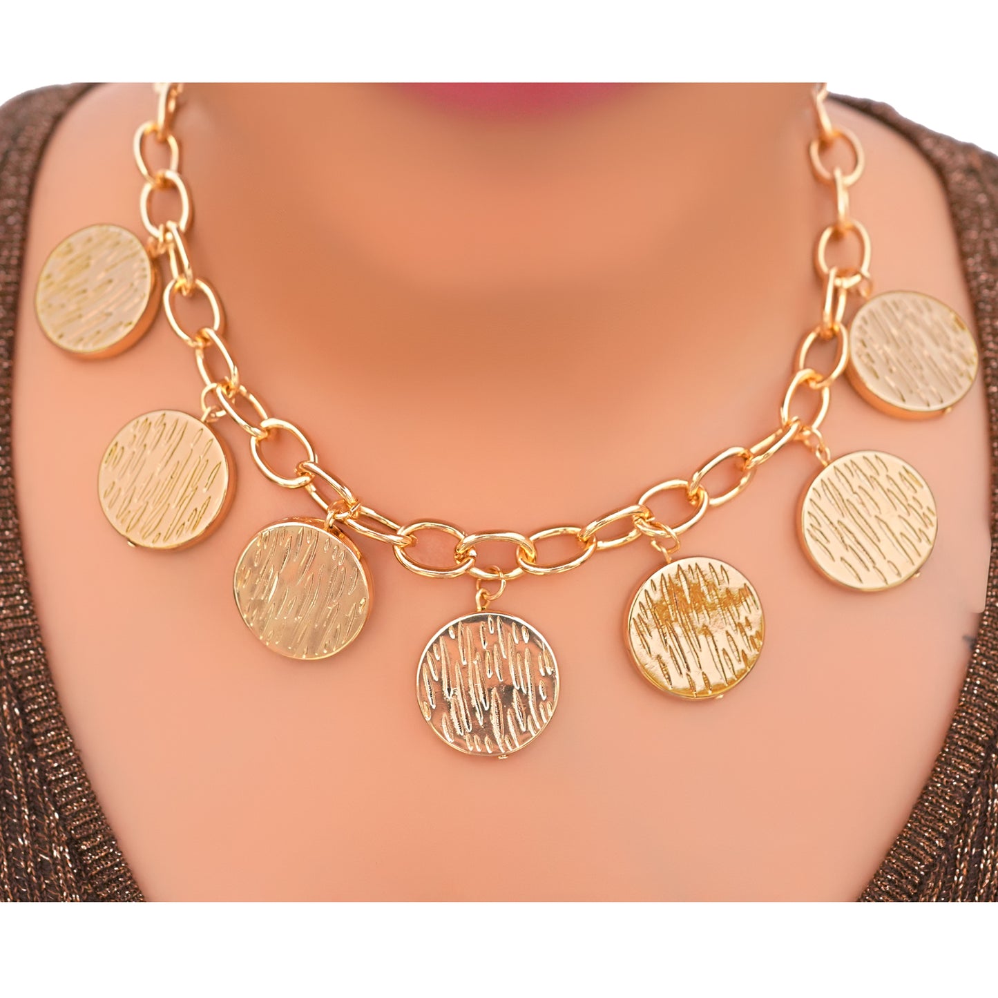 Gold-Tone Textured Coin Necklace for Women