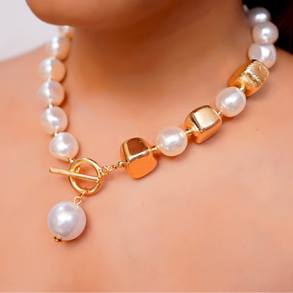 Lustre Drop Pearl Necklace — Gold-Accent Cube Beads with Toggle Clasp