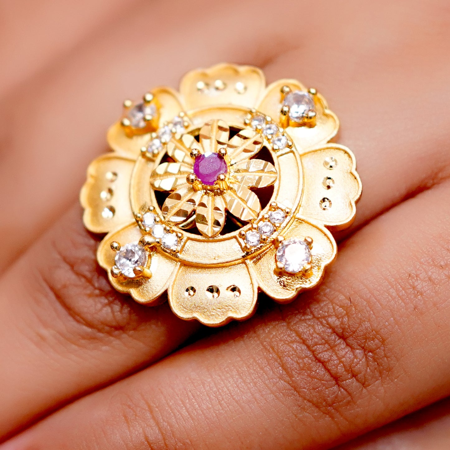 Floral Gold Plated Adjustable Ring for Women