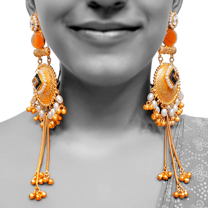 Gold-Plated Long Heavy Ghungroo Jhumka Earrings — Filigree Medallion, Pearl Halo & Tassel Bells