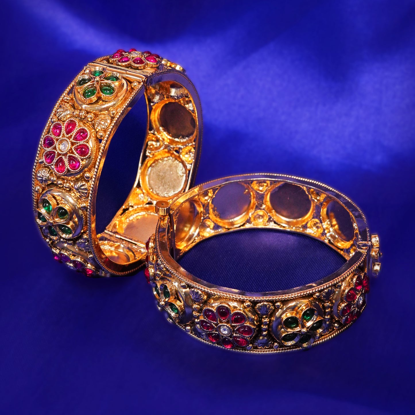 Regal Floral Gold-Plated Gem-Studded Bangle — Ornate Filigree & Beadwork