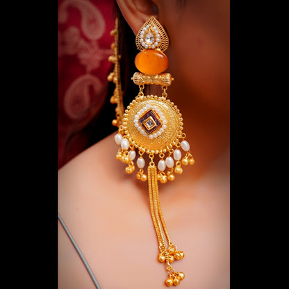 Gold-Plated Long Heavy Ghungroo Jhumka Earrings — Filigree Medallion, Pearl Halo & Tassel Bells