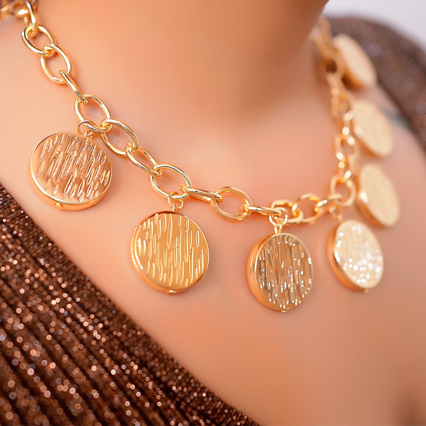 Gold-Tone Textured Coin Necklace for Women