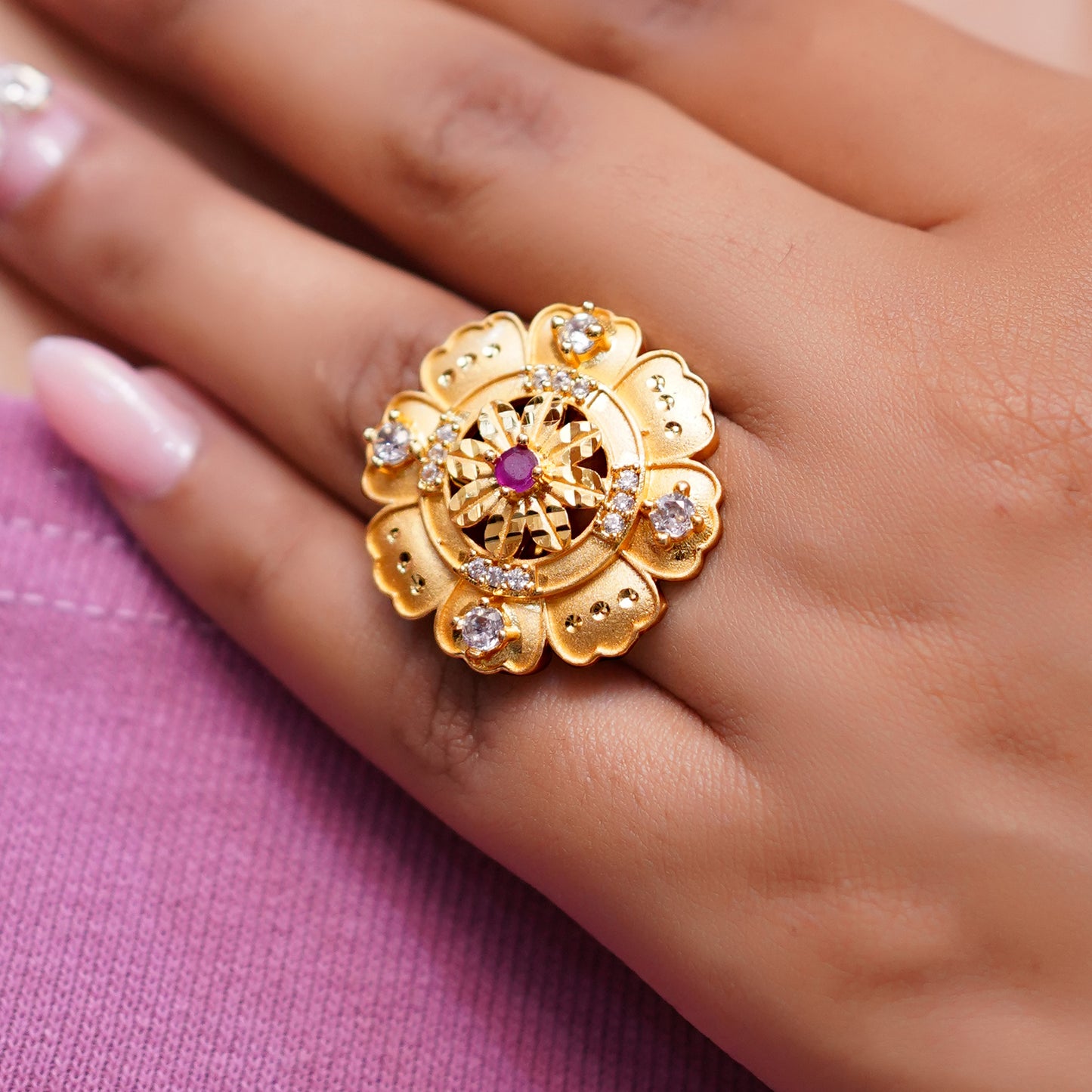 Floral Gold Plated Adjustable Ring for Women