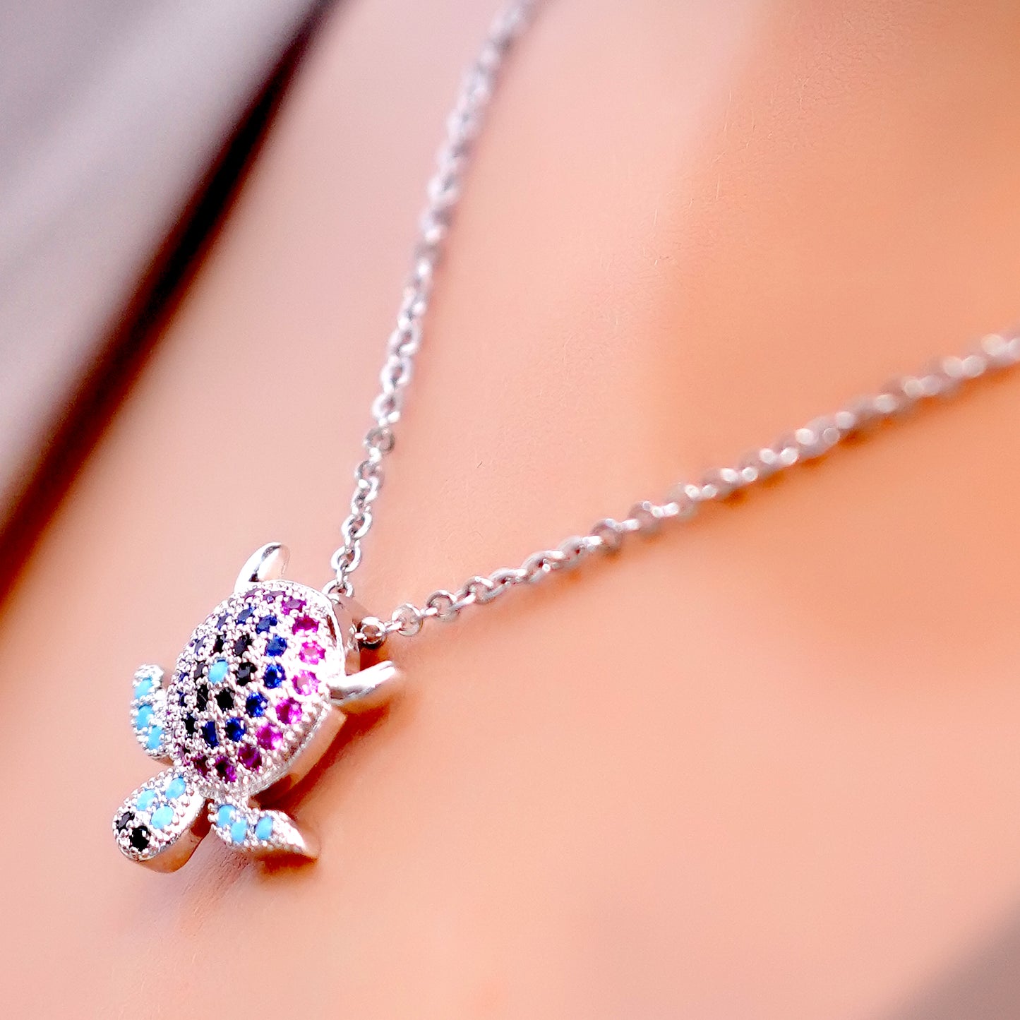 Colorful Crystal Turtle Pendant Necklace for Women