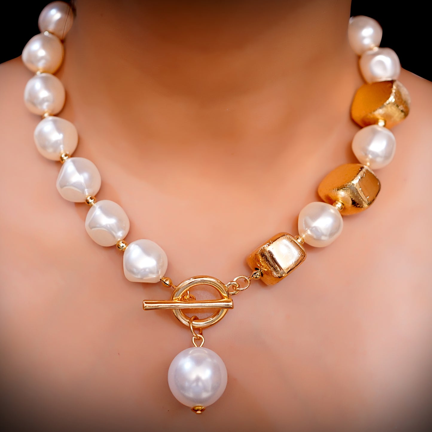 Lustre Drop Pearl Necklace — Gold-Accent Cube Beads with Toggle Clasp