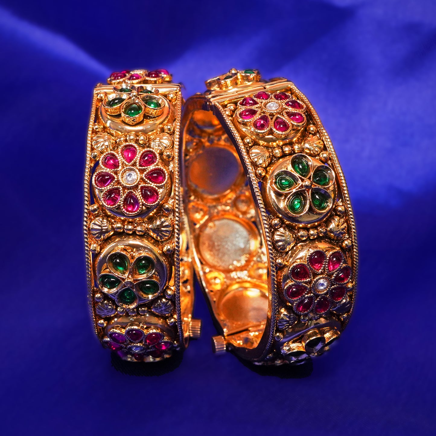 Regal Floral Gold-Plated Gem-Studded Bangle — Ornate Filigree & Beadwork