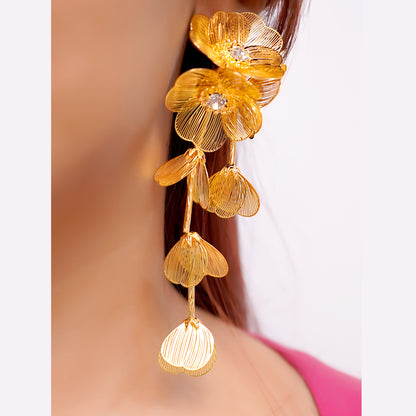 18K Gold Plated Branch Leaves Petal Flower Filigree Long Earrings