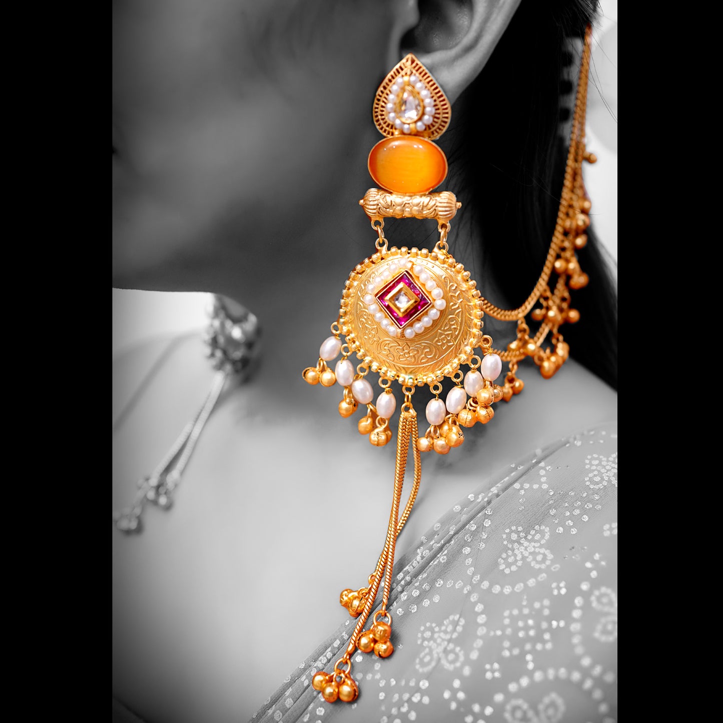 Gold-Plated Long Heavy Ghungroo Jhumka Earrings — Filigree Medallion, Pearl Halo & Tassel Bells