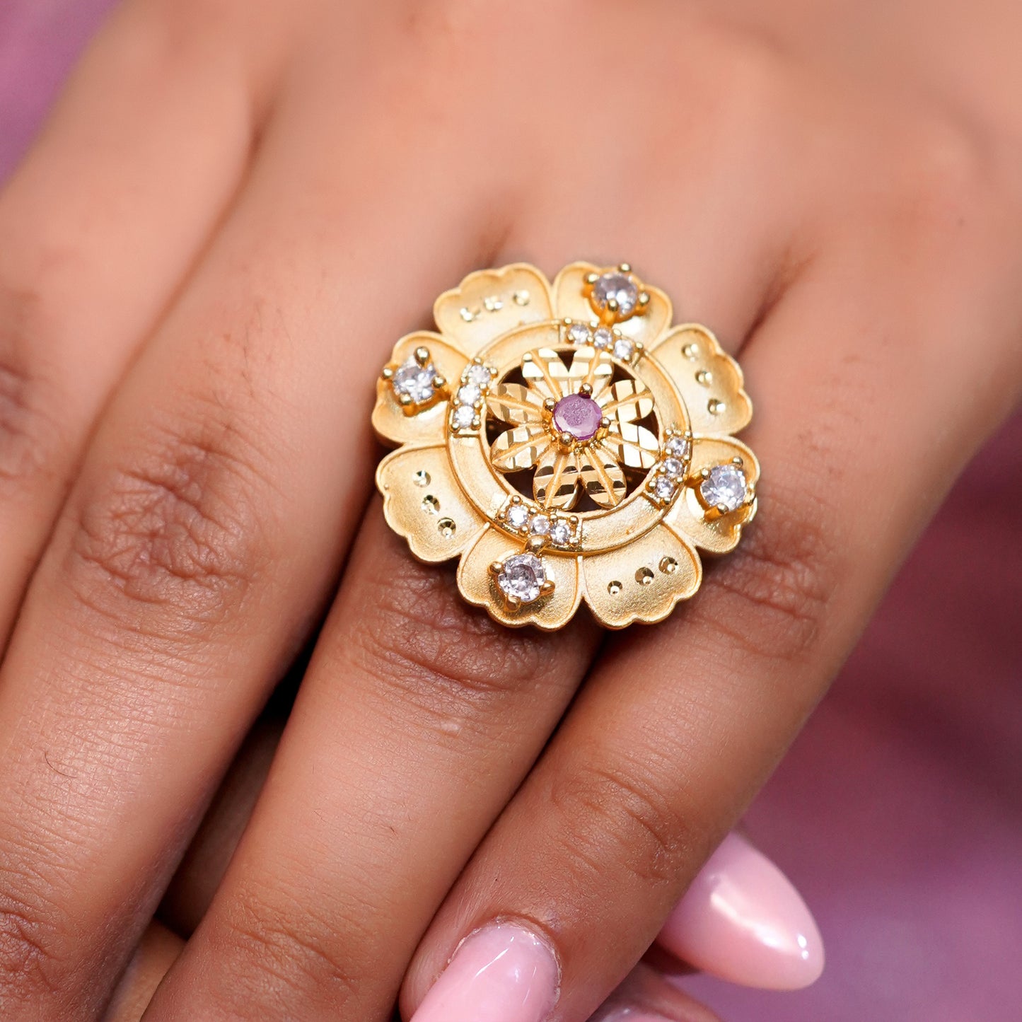 Floral Gold Plated Adjustable Ring for Women