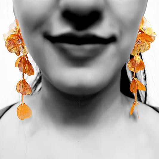 18K Gold Plated Branch Leaves Petal Flower Filigree Long Earrings