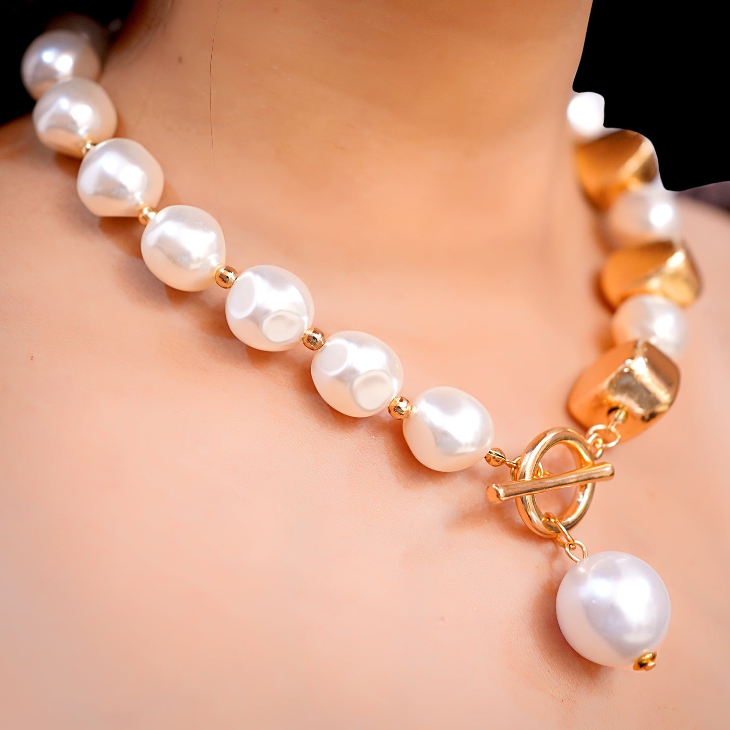 Lustre Drop Pearl Necklace — Gold-Accent Cube Beads with Toggle Clasp