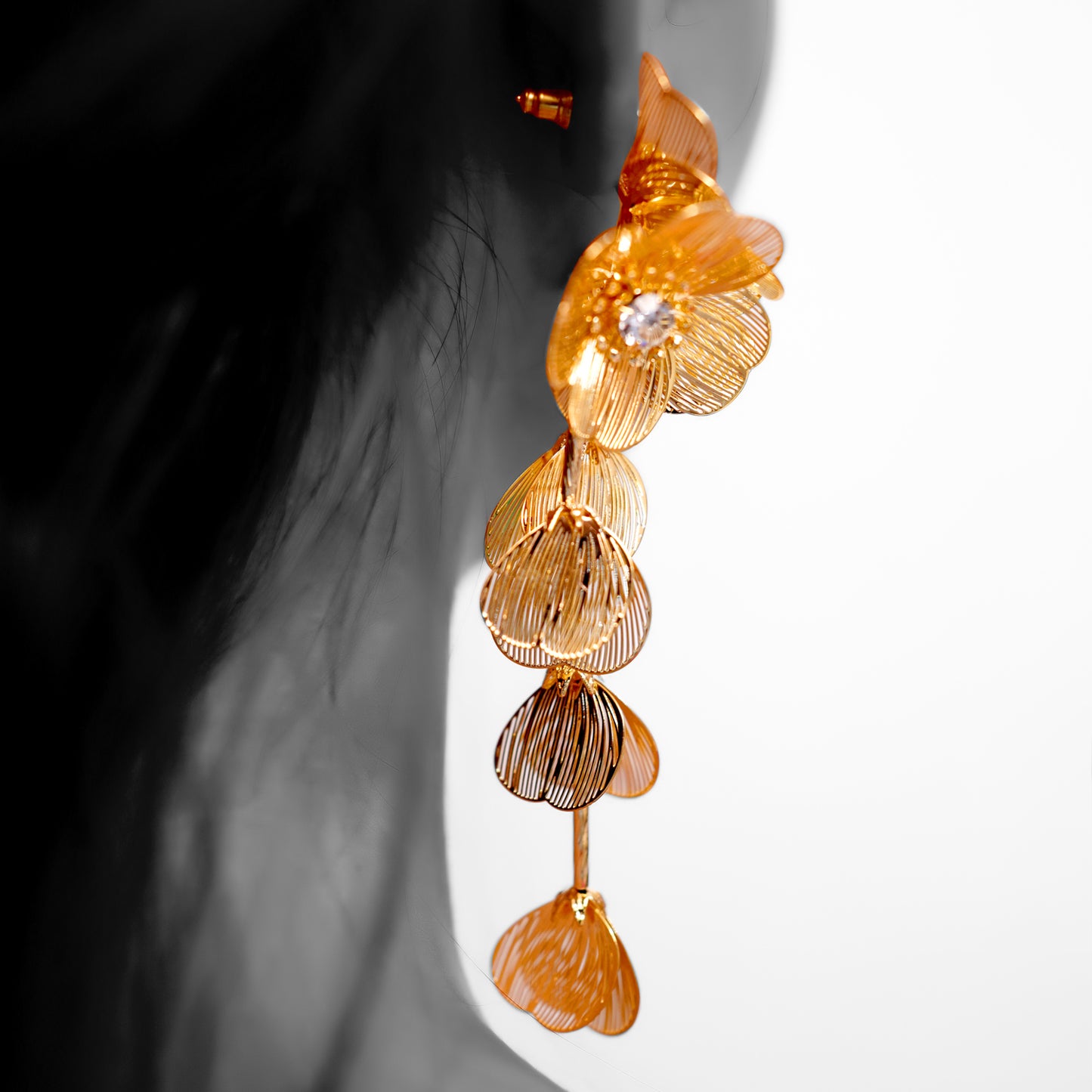 18K Gold Plated Branch Leaves Petal Flower Filigree Long Earrings