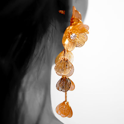 18K Gold Plated Branch Leaves Petal Flower Filigree Long Earrings