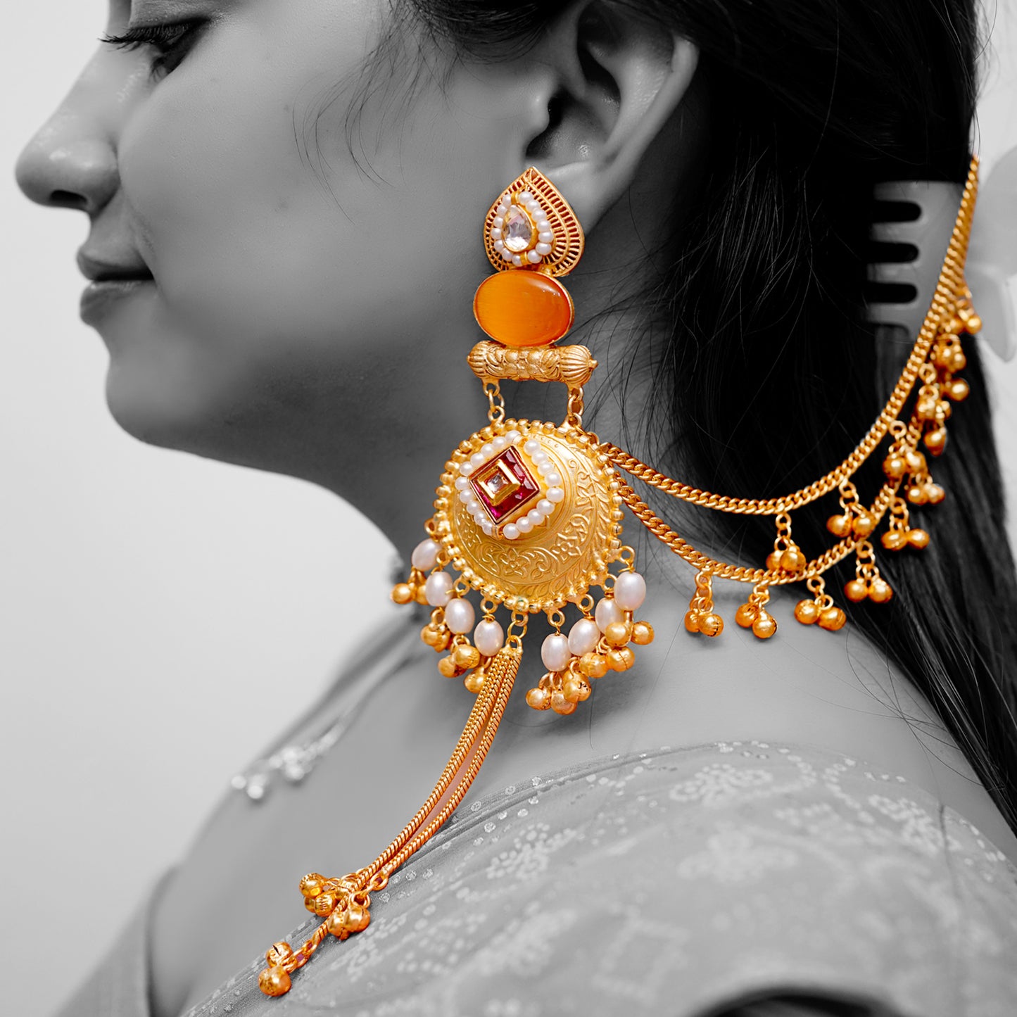 Gold-Plated Long Heavy Ghungroo Jhumka Earrings — Filigree Medallion, Pearl Halo & Tassel Bells