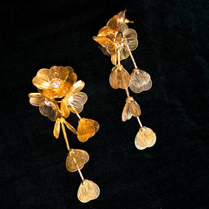 18K Gold Plated Branch Leaves Petal Flower Filigree Long Earrings