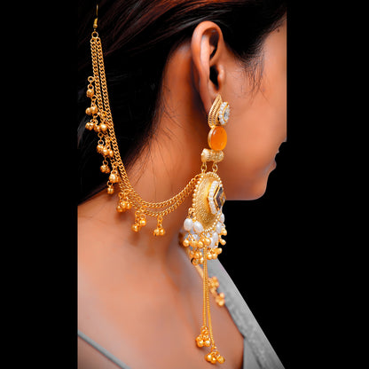 Gold-Plated Long Heavy Ghungroo Jhumka Earrings — Filigree Medallion, Pearl Halo & Tassel Bells