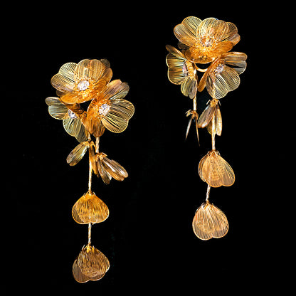 18K Gold Plated Branch Leaves Petal Flower Filigree Long Earrings