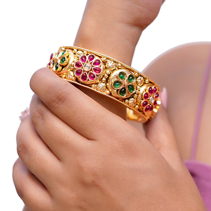 Regal Floral Gold-Plated Gem-Studded Bangle — Ornate Filigree & Beadwork
