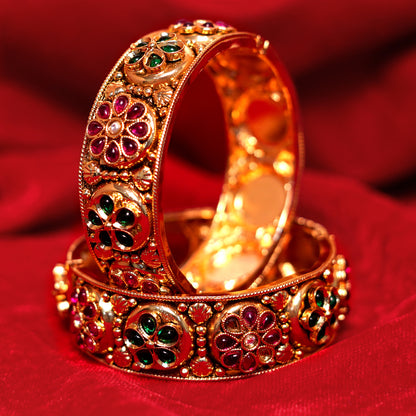 Regal Floral Gold-Plated Gem-Studded Bangle — Ornate Filigree & Beadwork