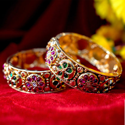 Regal Floral Gold-Plated Gem-Studded Bangle — Ornate Filigree & Beadwork