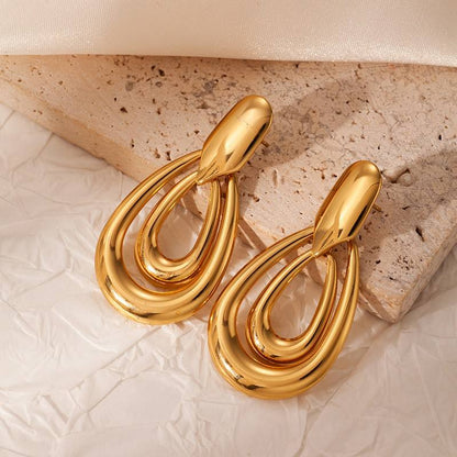 Geometric Double Teardrop Drop Earrings – Gold Plated Hollow Design