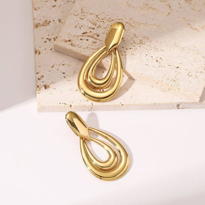 Geometric Double Teardrop Drop Earrings – Gold Plated Hollow Design