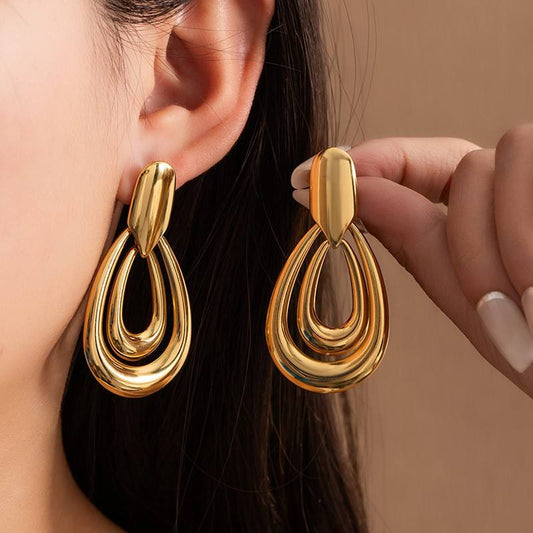 Geometric Double Teardrop Drop Earrings – Gold Plated Hollow Design